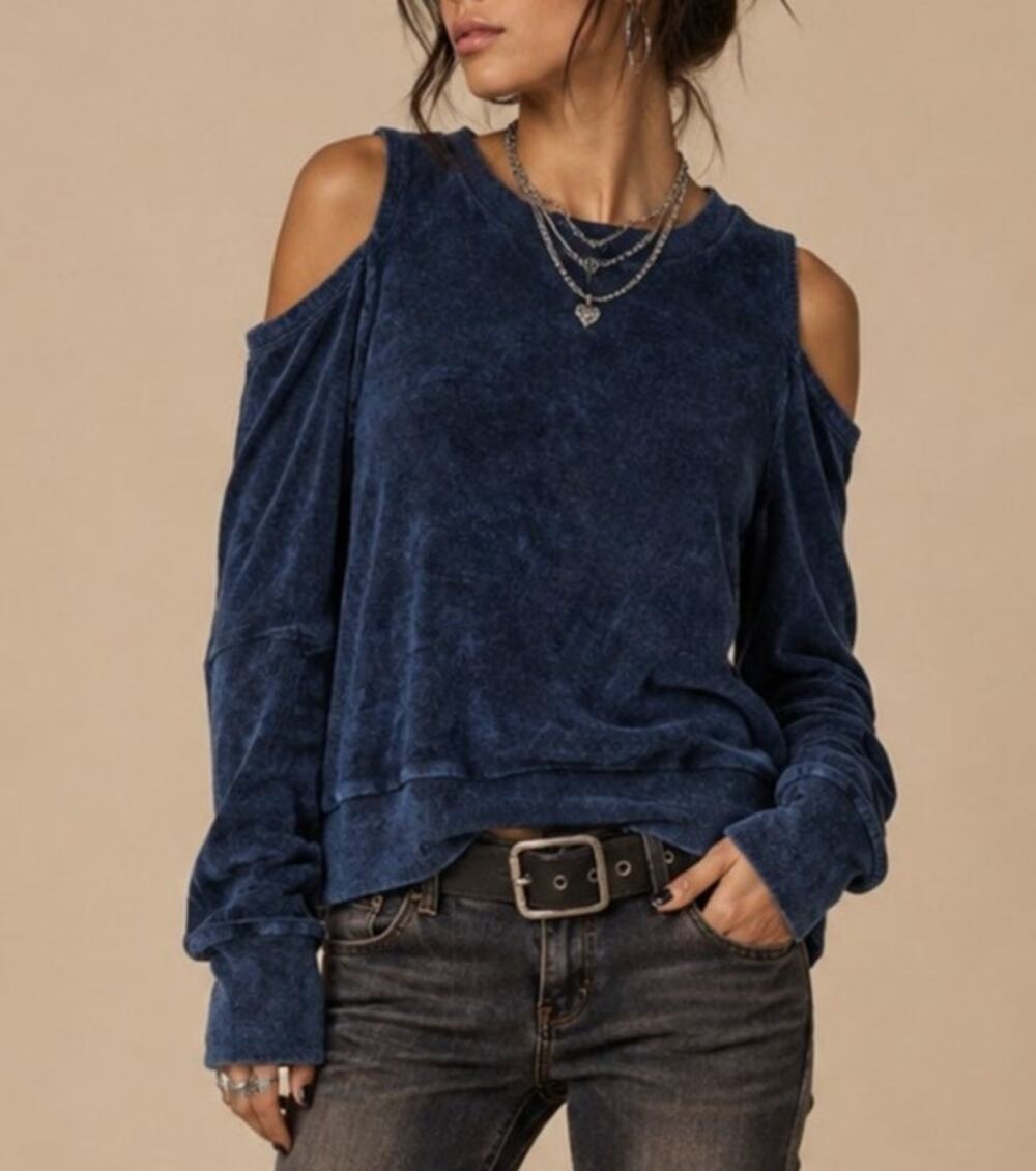 LNA Womens Acid Wash Cold Shoulder Sweatshirt XS Blue Y2K Grunge Streetwear Edgy